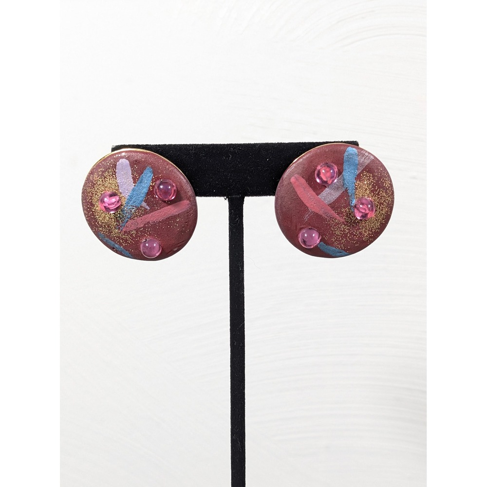 Vintage Y2K Pink Acrylic Cabochon Glitter Button Stud Earrings Retro Kawaii